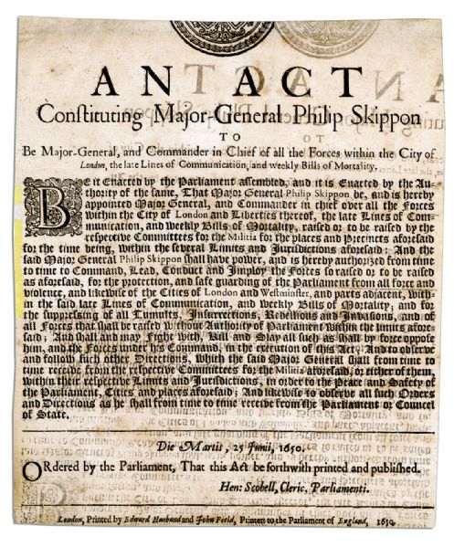English Civil War Broadside Appointing a Commander in Chief of The Guard Protecting Parliament