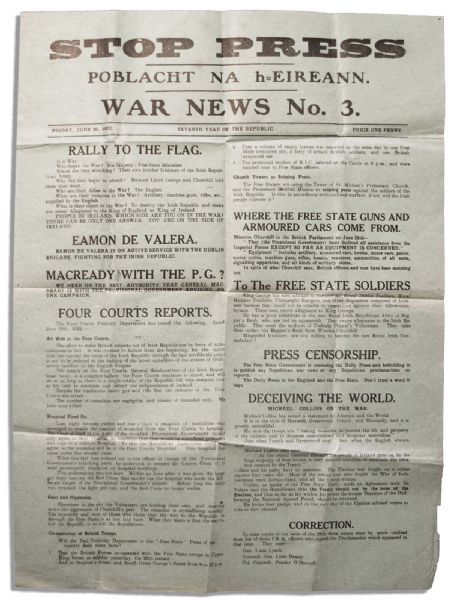 Irish Civil War Broadside From Eamon de Valeras IRA --  on The Battle of Dublin ...sniping posts against the soldiers of the Irish Republic...