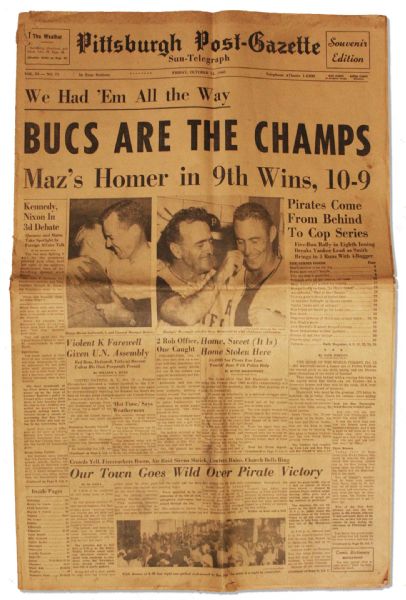 1960 World Series Newspaper -- Pittsburgh Post-Gazette Announces BUCS ARE THE CHAMPS & Credits Bill Mazeroskis Home Run