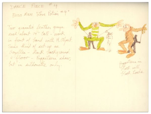 Jim Henson Early Muppets Character Sketch -- Depicting Notes for a Muppets Dance Number Featuring The Boss Men in One of Their First Television Debuts