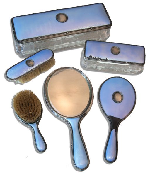 Luxurious Silver And Sky Blue Guilloche Enamel Dressing Set Marked Faberge, With The Workmasters Mark of Hjalmar Armfelt, St. Petersburg, 1904-1908