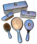 Luxurious Silver And Sky Blue Guilloche Enamel Dressing Set Marked Faberge, With The Workmasters Mark of Hjalmar Armfelt, St. Petersburg, 1904-1908