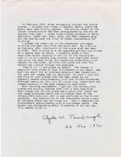 Astronomer Clyde Tombaugh Signed Description of Discovering Pluto
