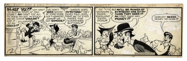 Excellent Content Lil Abner 2-Panel Comic Strip Hand-Drawn & Signed by Al Capp -- Featuring Abner, Mammy, Soft-Hearted John & Shmoos -- Classic Capp Encapsulating His Shmoo Theory