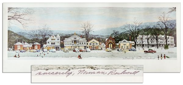 Master of Americana, Norman Rockwell Signed Print of His Well-Known Piece Stockbridge Main Street at Christmas -- 30.75 x 12.5