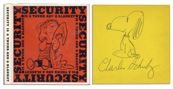 Charles Schulz Hand Drawn Sketch of Snoopy Signed in a First Edition First Printing of Security is a Thumb and a Blanket