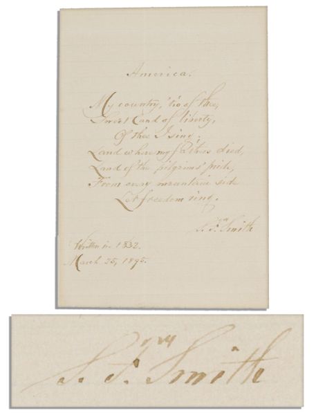 Samuel F. Smith Autograph Quotation Signed From America, or My Country, Tis of Thee