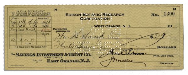 Thomas Edison Signed Check