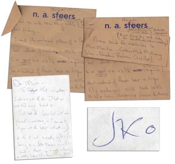 Jackie Onassis Collection of Three Handwritten Notes to Her Bergdorf Goodman Personal Shopper Marita OConnor -- Regarding Various Hats & Outfits 