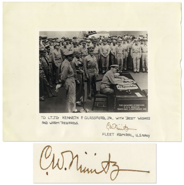 Admiral Chester Nimitz 14 x 11 Signed Photo of the Japanese Surrender -- Near Fine