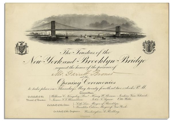 Invitation to the Brooklyn Bridge Opening Ceremony -- Near Fine & Printed by Tiffany & Co.