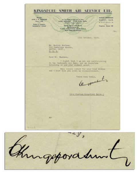 Australian Aviator Sir Charles Kingsford Smith Typed Letter Signed -- With PSA/DNA COA