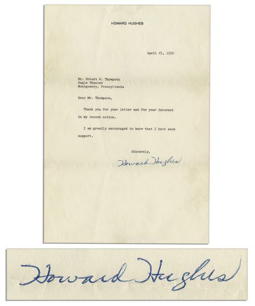 Howard Hughes Typed Letter Signed After Acquiring The RKO Studio and Cleaning House For Communists -- ...Thank you for your letter and for your interest in my recent action...