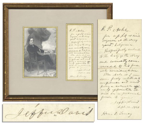 Jefferson Davis Letter Signed -- ... Mr. Ashe is I am sure fully entitled to confidence and would prove a valuable officer. If appointed it will be a personal favor to yours... -- 1860