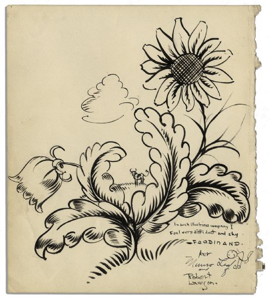 Original Illustration by Robert Lawson of Childrens Author Munro Leafs Famous Book, The Story of Ferdinand -- Signed by Both Lawson & Leaf