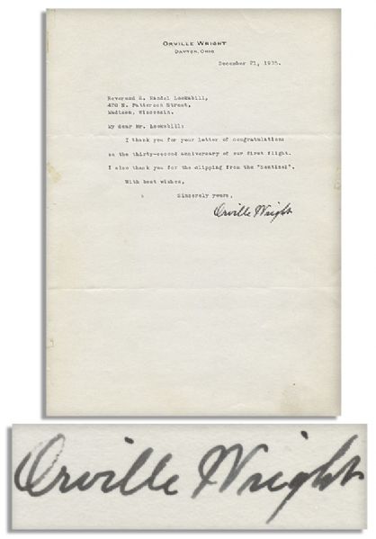 Orville Wright 1935 Typed Letter Signed -- ...congratulations on the thirty-second anniversary of our first flight...