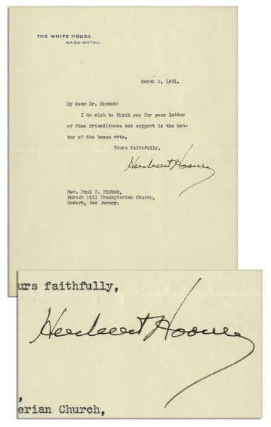 Herbert Hoover Typed Letter Signed as President -- Regarding the 1931 Veteran Bonus Bill Which Hoover Vetoed