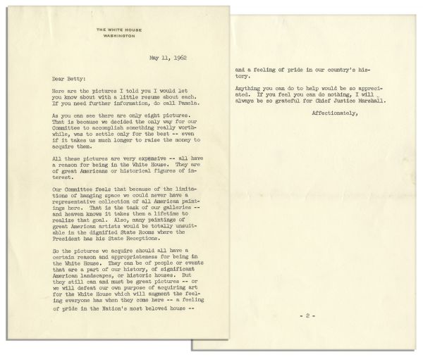 Jackie Kennedy Letter on White House Stationery -- White House Art -- ...the pictures we acquire should all have a certain reason and appropriateness for being in the White House...