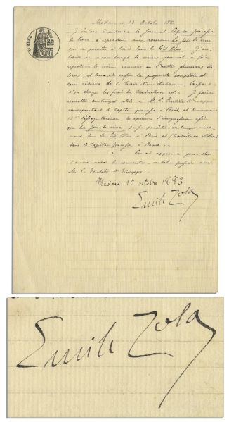 Emile Zola Letter Signed & Dated 1883