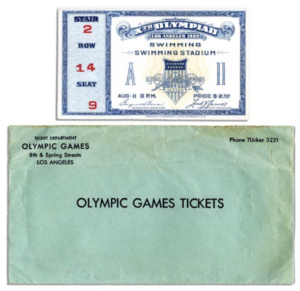 Ticket and Envelope for the 1932 Los Angeles Olympic Games -- Admission to Swimming Events in Which U.S. Swimmer Won Three Gold Medals