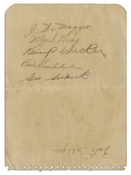 1938 Joe DiMaggio Signature -- Five Other Yankees From Championship Season Also Sign