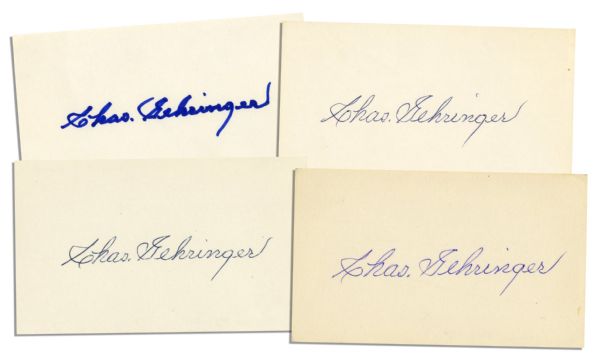 Lot of Four Cards Signed by Hall of Famer Charles Gehringer -- The Mechanical Man Signs Chas. Gehringer -- 5 x 3 Cards Signed in Blue Ink and Blue Marker -- Near Fine