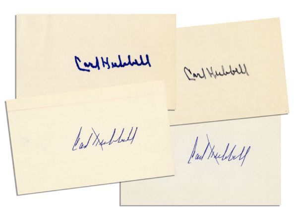 Lot of Four Cards Signed by Baseball Hall of Famer Carl Hubbell -- Cards Each Measure 5 x 3 -- Signed in Blue Ink, Black Marker & Blue Marker -- Fine