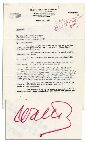 Walter OMalley Autograph Note Signed Upon a Letter to Ronald Reagan -- ...Calder Mackay at age 80 continues to be on the ball!