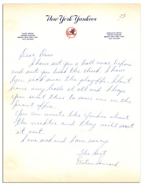 Baseball Legend Elston Howard Autograph Letter Signed on Yankees Letterhead -- ...I Have Been Sick Since The Playoffs... -- With PSA/DNA COA