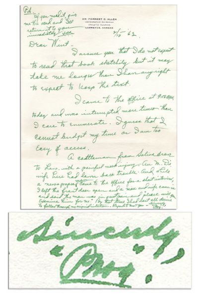 Legendary Basketball Coach Phog Allen Autograph Letter Signed & Initialed -- ...By that time I had lost all desire to follow through my assigned intention...