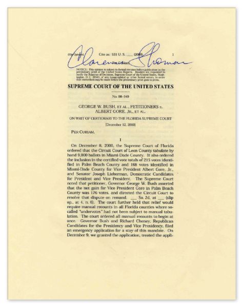 Clarence Thomas Signed Decision in the Supreme Court Case of Bush v. Gore -- Signed in Bold Blue Ink -- 13pp., 8 x 10 -- Near Fine