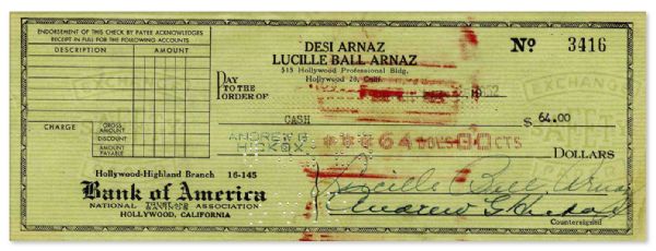 Lucille Ball Check Signed With Full Signature, Lucille Ball Arnaz -- Dated 15 September 1952 in Very Good Condition -- 8.5 x 3