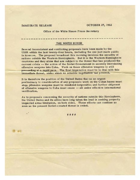 JFK Press Release on the Cuban Missile Crisis -- ...the Soviet Government in secretly introducing offensive weapons into Cuba...