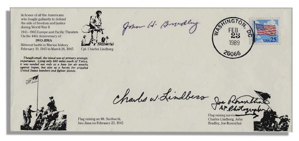 Iwo Jimas 44th Anniversary First Day Cover -- Signed by Joe Rosenthal, John Bradley & Charles Lindberg