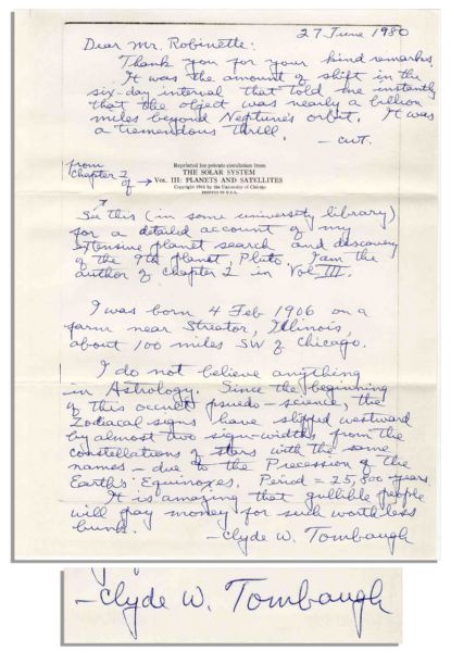 Astronomer Clyde Tombaugh Autograph Letter Twice-Signed -- ...I do not believe anything in Astrology...gullible people will pay money for such worthless bunk...