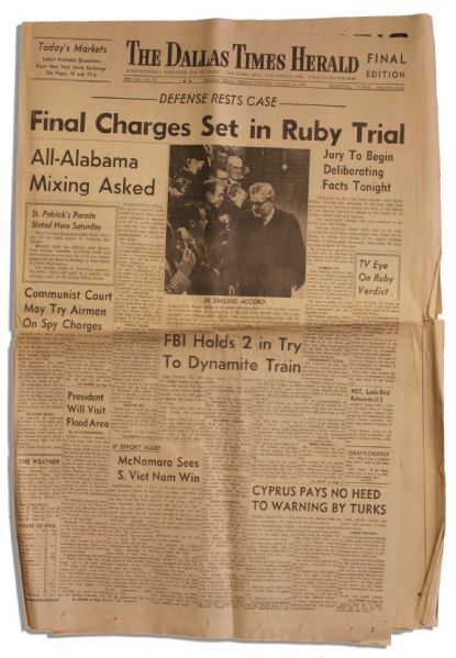Original Dallas Times Herald Newspaper From 13 March 1964 on the Jack Ruby Trial -- Defense Rests Case / Final Charges Set in Ruby Trial