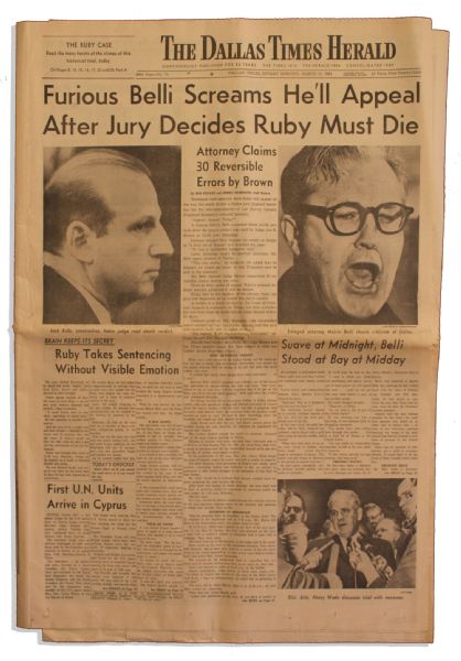 Dallas Times Herald Newspaper From 15 March 1964 Regarding Jack Rubys Punishment -- ...Jury Decides Ruby Must Die