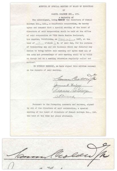 Film Pioneer Samuel Goldwyn 1937 Document Signed