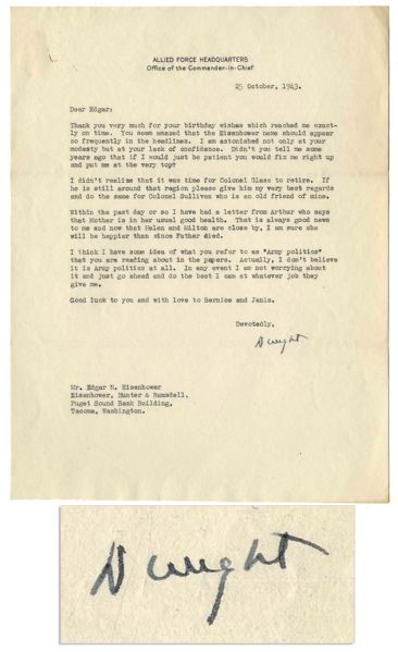 Excellent Dwight D. Eisenhower WWII-Dated Typed Letter Signed -- ...You seem amazed that the Eisenhower name should appear so frequently in the headlines...
