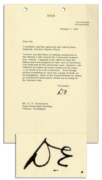 Dwight D. Eisenhower Typed Letter Signed ...I assure you that there is nothing complacent in the attitude I take toward the Communist menace...