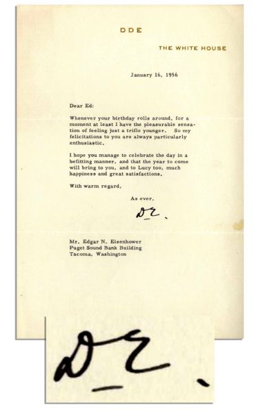 Playful Dwight Eisenhower Typed Letter Signed as President -- ...Whenever your birthday rolls around...I have the pleasurable sensation of feeling just a trifle younger... -- 1956