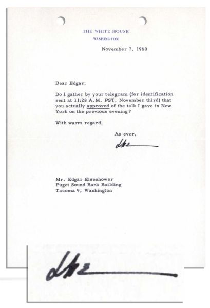 Dwight Eisenhower Typed Letter Signed as President -- ...Do I gather by your telegram...that you actually approved of the talk I gave in New York?... -- 1960