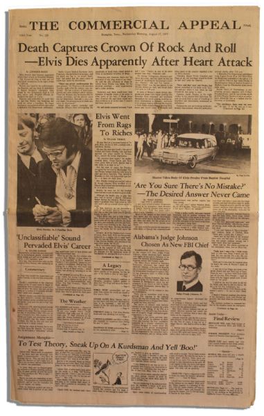 Elvis Presley Death Newspaper From Hometown Memphis -- Special Edition Following His 16 August 1977 Death -- ...Death Captures Crown of Rock and Roll...
