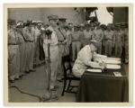 4 September 1945 AP Press Photo of General Douglas MacArthur Signing the Japanese Surrender Papers -- 9 x 7 -- Very Good