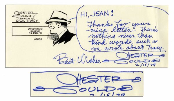 Chester Gould Autograph Note Signed -- With Cartoonists Famous Character Dick Tracy