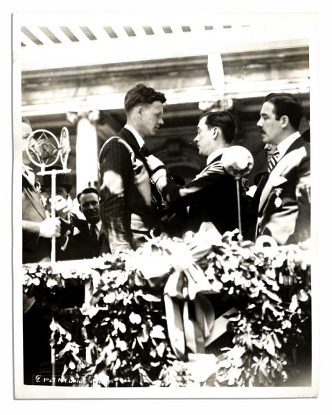 Press Photo of Charles Lindbergh Receiving the Medal of Valor in New York on 13 June 1927 -- 8 x 10 Semi-Matte Photo Is Near Fine