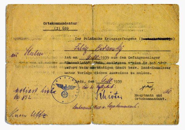 Nazi POW Document -- ...The Polish War Criminal...was discharged from the prison camp Rosenblatt Lodz... --1939