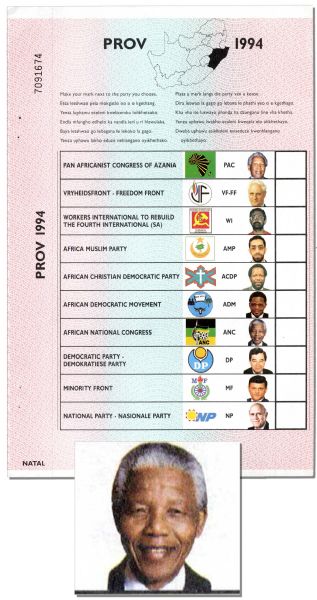 Historic 1994 South African Ballot -- The Election Brought Nelson Mandela to Presidency and Ended Apartheid -- Fine