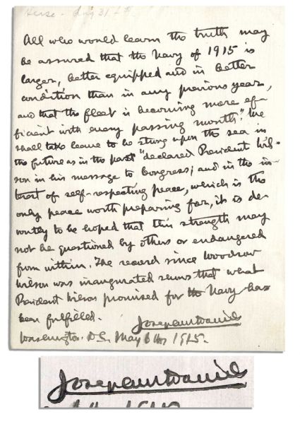 WWI Naval Secretary: ...the Navy of 1915 is larger, better equipped, and in better condition than in any previous year...what President Wilson promised for the Navy has been fulfilled...