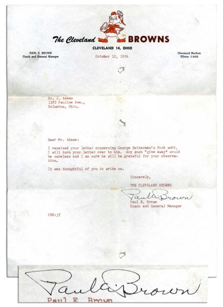Paul Brown Typed Letter Signed on Cleveland Browns Letterhead -- ...I received your letter concerning George Rattermans foot work...Any such give away would be careless...